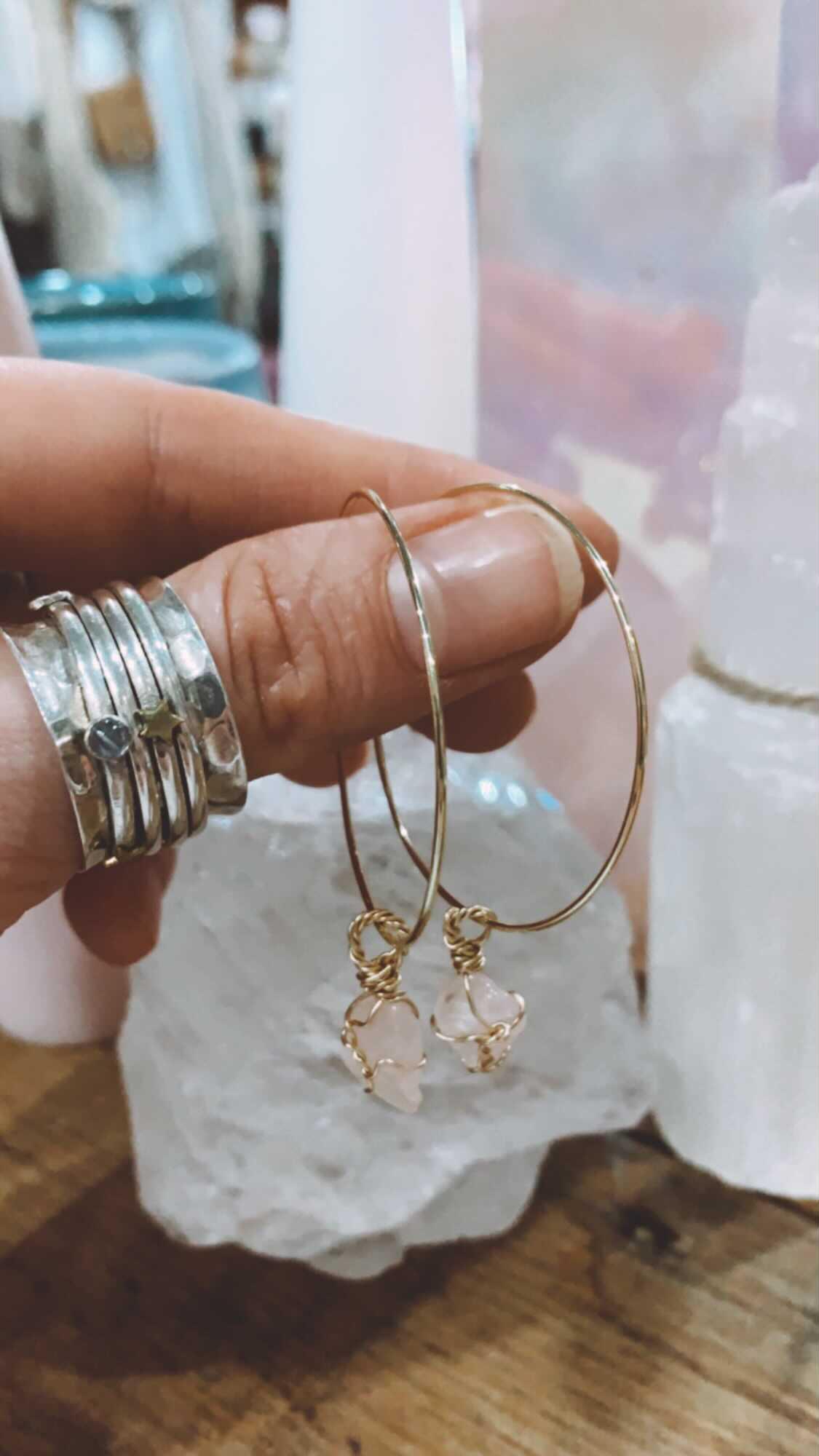 ROSE QUARTS HOOP EARRINGS 14k gold