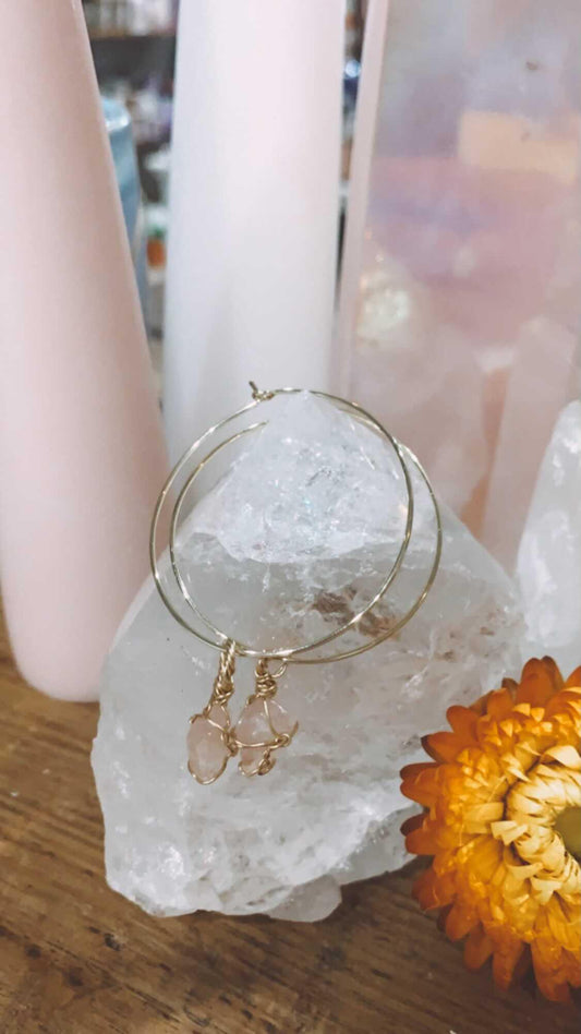 ROSE QUARTS HOOP EARRINGS 14k gold
