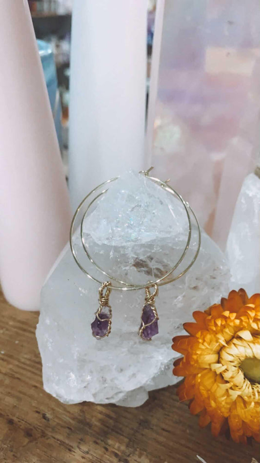 💜AMETHYST HOOP EARRINGS 14K GOLD