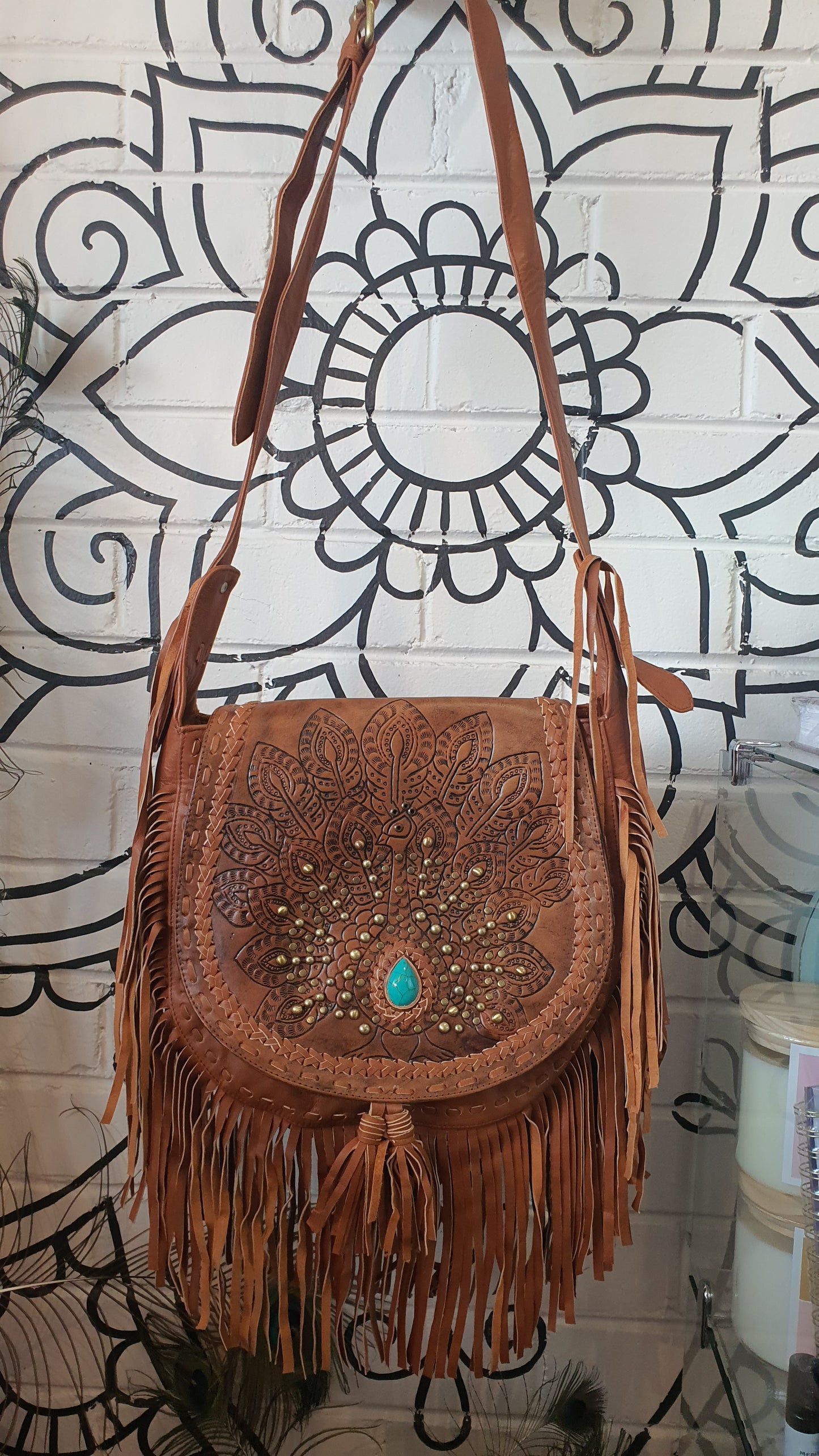 Peacock boho leather bag