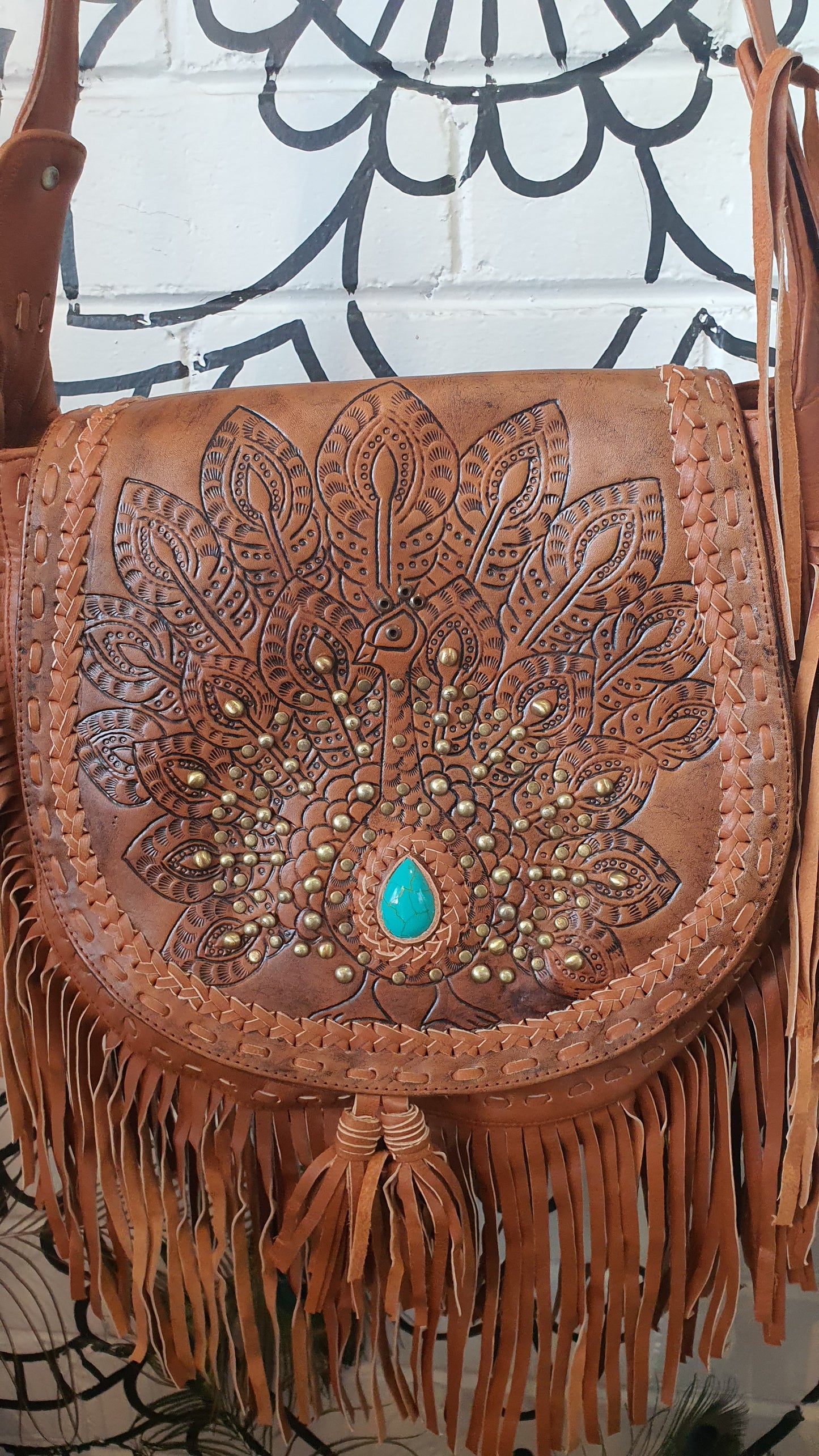 Peacock boho leather bag